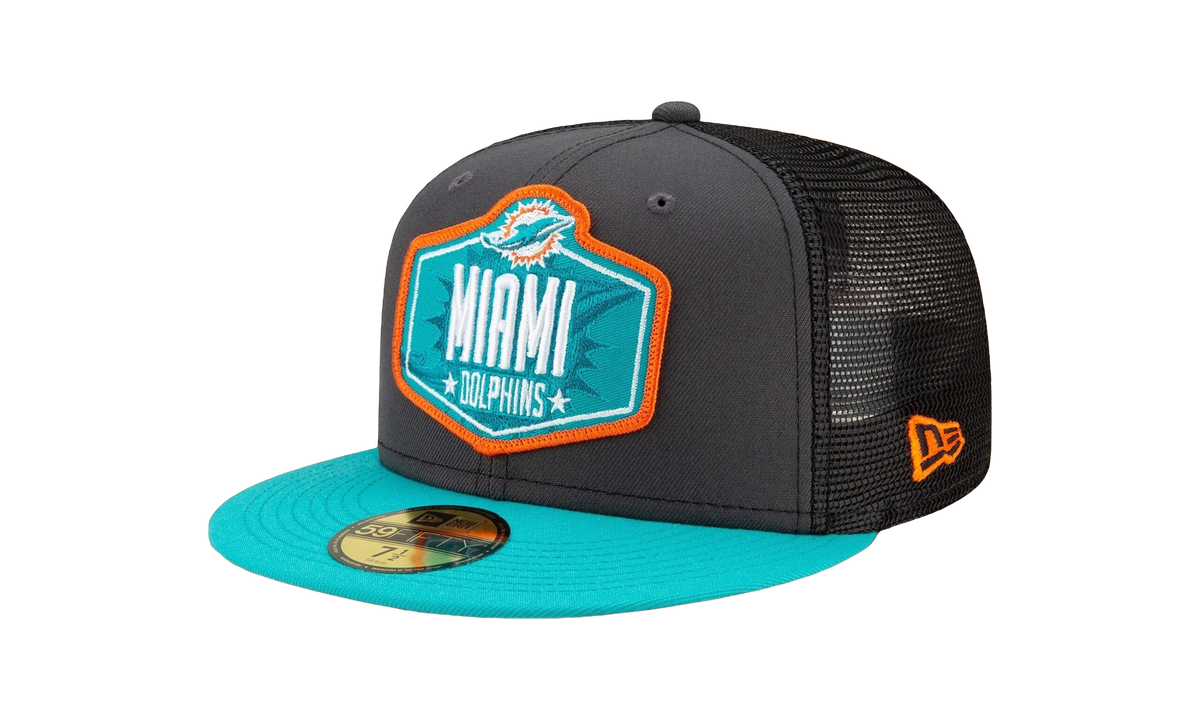 59FIFTY Miami Dolphins 2021 Draft Authentic Fitted Hat "Graphite and Black / Teal - Brim" NE784