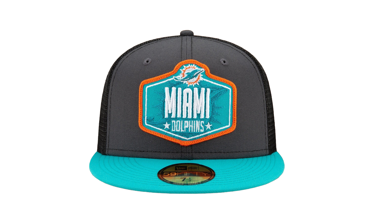 59FIFTY Miami Dolphins 2021 Draft Authentic Fitted Hat "Graphite and Black / Teal - Brim" NE784