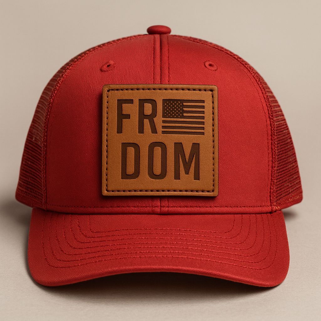 RED Freedom Hat — Leather Patch, Mesh Snapback Hat