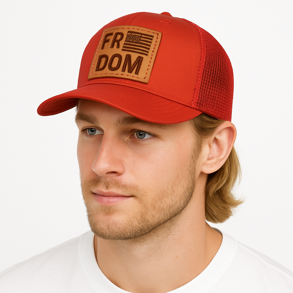 RED Freedom Hat — Leather Patch, Mesh Snapback Hat