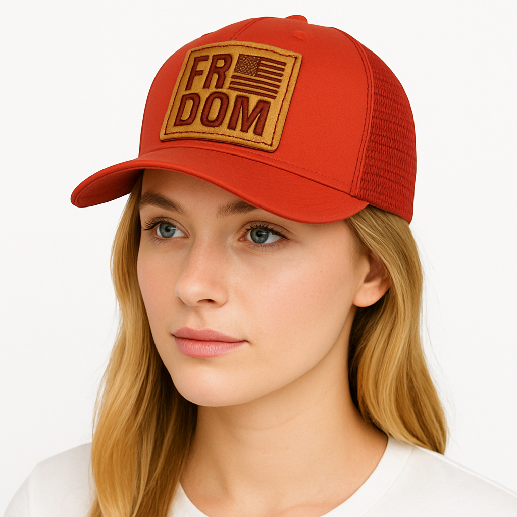 RED Freedom Hat — Leather Patch, Mesh Snapback Hat