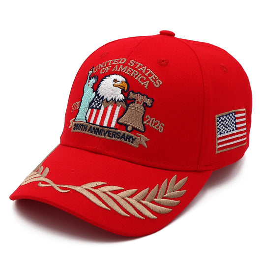 (Exclusive) United States of America 250th Anniversary Embroidered Cap — Red Patriotic Hat (1776–2026)