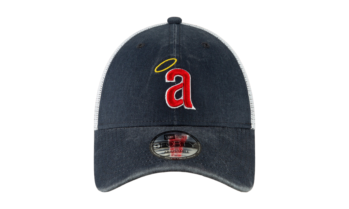 9FORTY Los Angeles Angels 1971 Coop Trucker Snapback Hat "Black Denim and White / Black - Brim" NE717