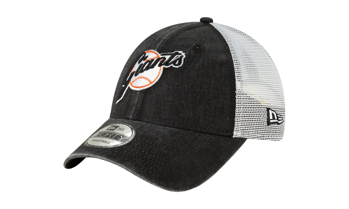 9FORTY San Francisco Giants 1973 Coop Trucker Snapback Hat "Black Denim and White / Black - Brim" NE716