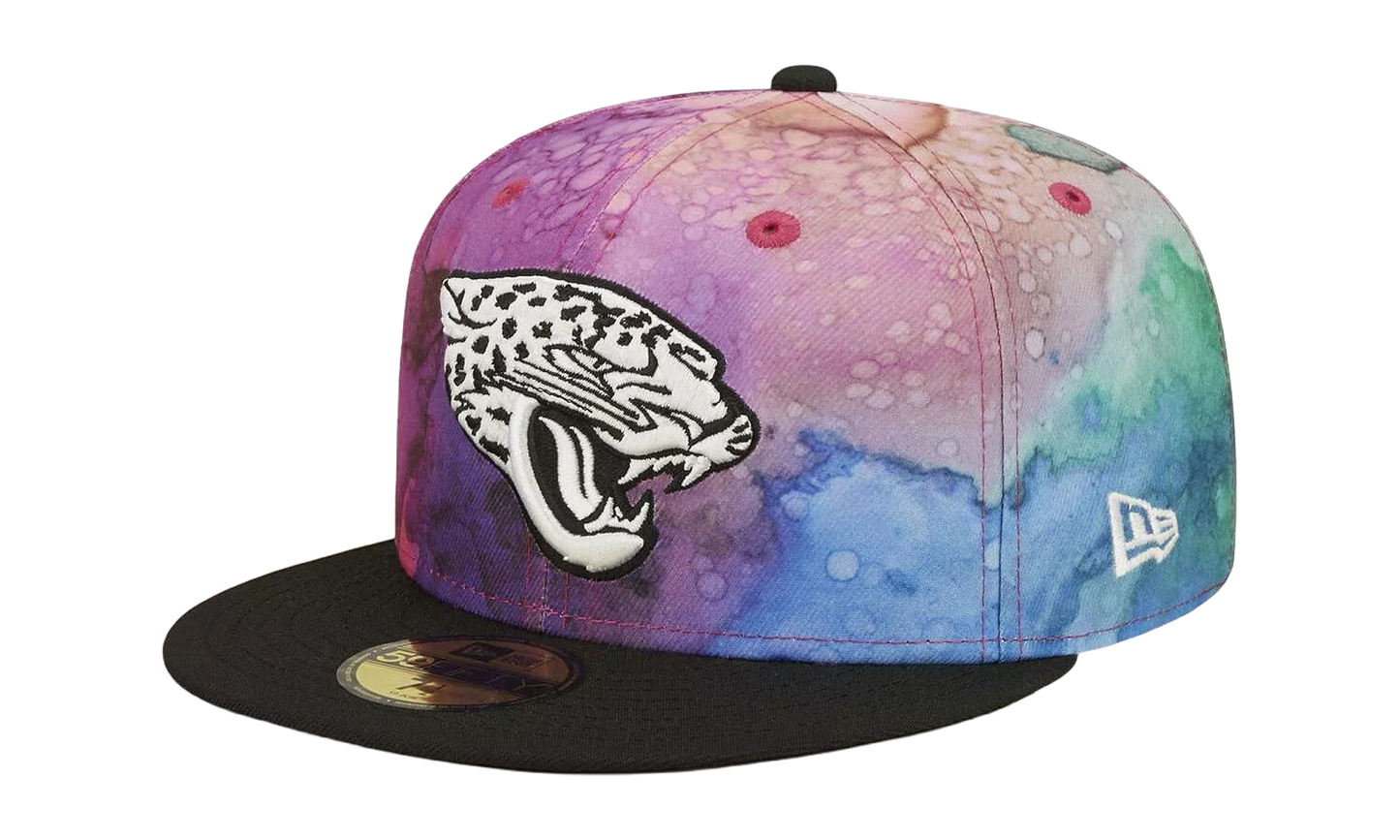 59FIFTY Jacksonville Jaguars Crucial Catch Fitted Hat "Multicolor Watercolor Design Crown / Black Visor" NE837