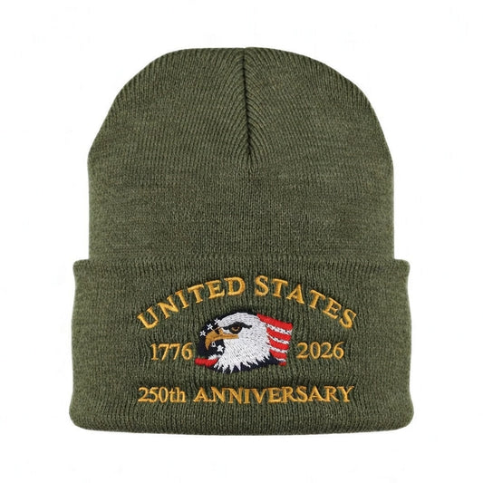 USA 250th Anniversary Beanie - 1776-2026 Patriotic Eagle Embroidered Knit Hat - America Semiquincentennial Cuffed Beanie Army Green