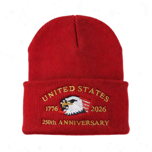 USA 250th Anniversary Beanie - 1776-2026 Patriotic Eagle Embroidered Knit Hat - America Semiquincentennial Cuffed Beanie Burgundy