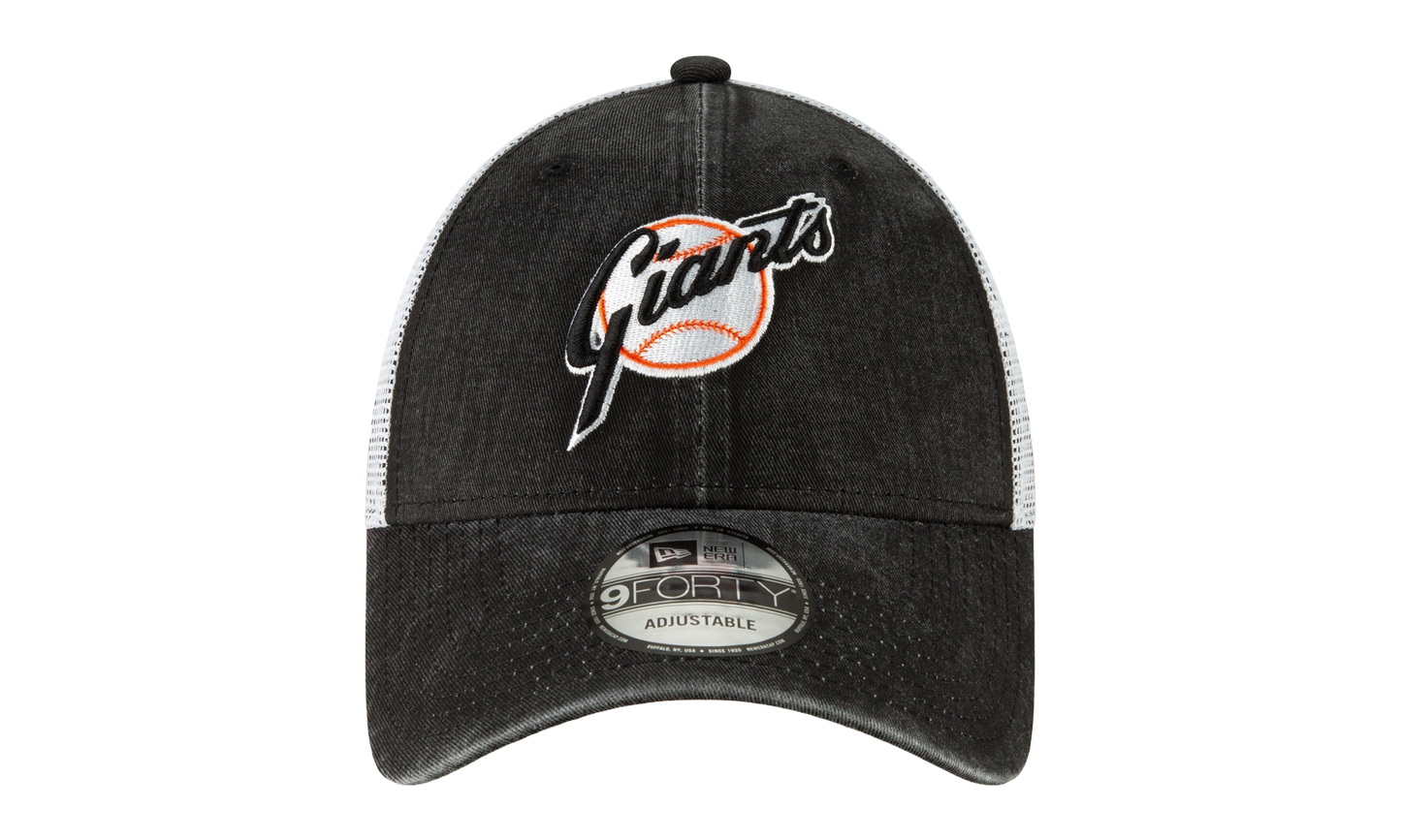 9FORTY San Francisco Giants 1973 Coop Trucker Snapback Hat "Black Denim and White / Black - Brim" NE716